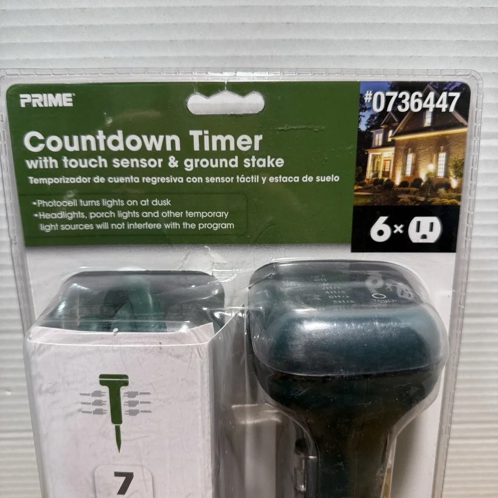 Prime 6 Outlet Outdoor Countdown Timer‎ Touch Sensor Photocell Ground Stake NEW